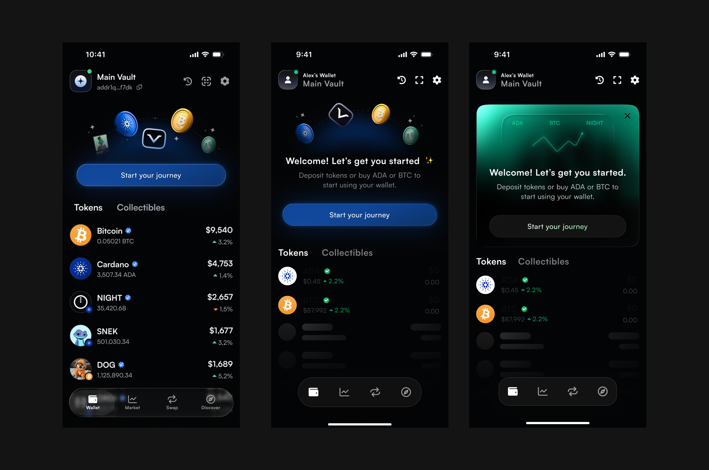 VESPR wallet onboarding and token interface designs